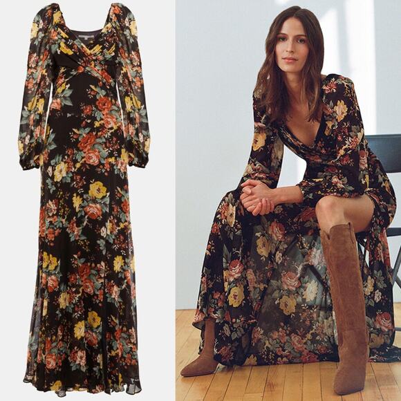 Veronica Beard Avani Floral Maxi Dress US 4 Brown 100% Silk Formal Gown Roses - Picture 1 of 15